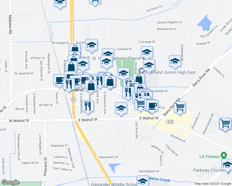 map of restaurants, bars, coffee shops, grocery stores, and more near 3520 Broadway Street in Pearland