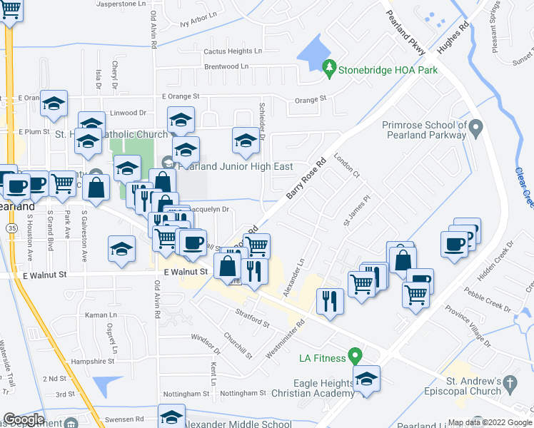 map of restaurants, bars, coffee shops, grocery stores, and more near 2426 Barry Rose Road in Pearland