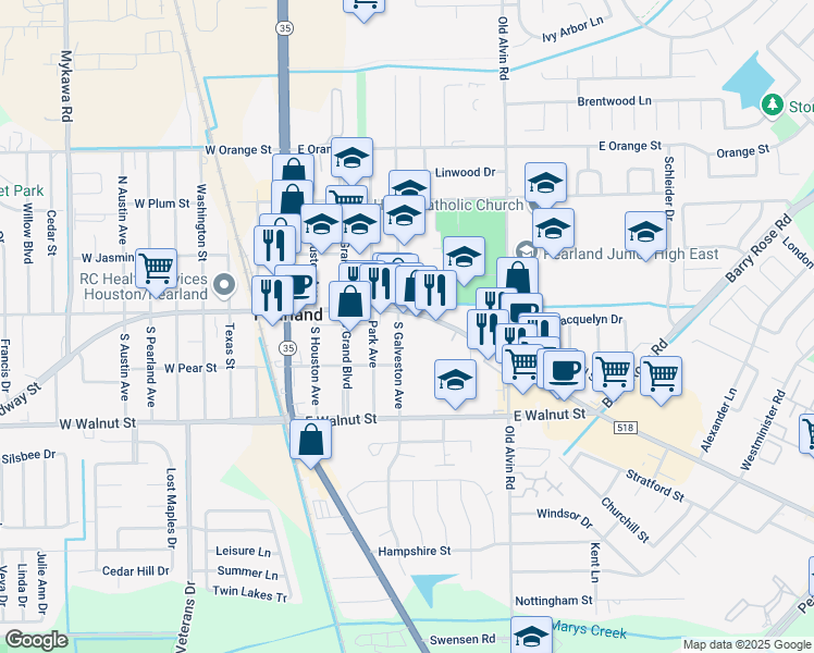 map of restaurants, bars, coffee shops, grocery stores, and more near 3538 Farm to Market Road 518 in Pearland