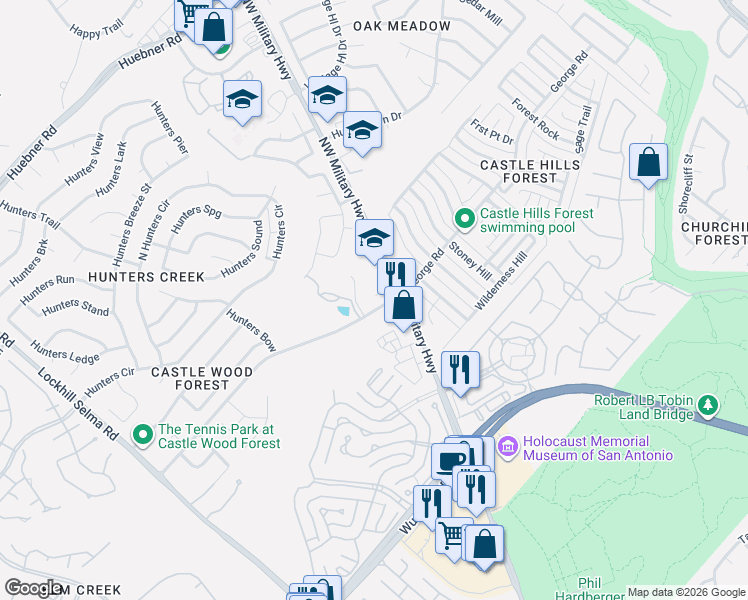 map of restaurants, bars, coffee shops, grocery stores, and more near 13509 George Road in San Antonio