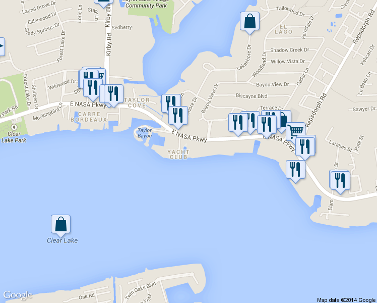 map of restaurants, bars, coffee shops, grocery stores, and more near 314 Yacht Club Lane in Seabrook