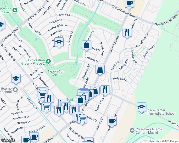 map of restaurants, bars, coffee shops, grocery stores, and more near 1536 Silverpines Road in Houston
