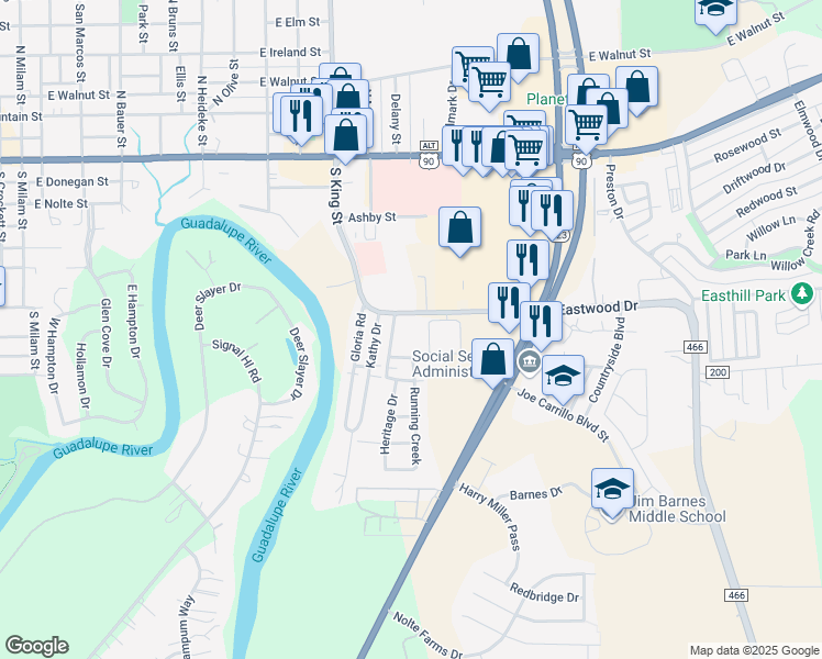 map of restaurants, bars, coffee shops, grocery stores, and more near 1221-1317 Eastwood Dr in Seguin