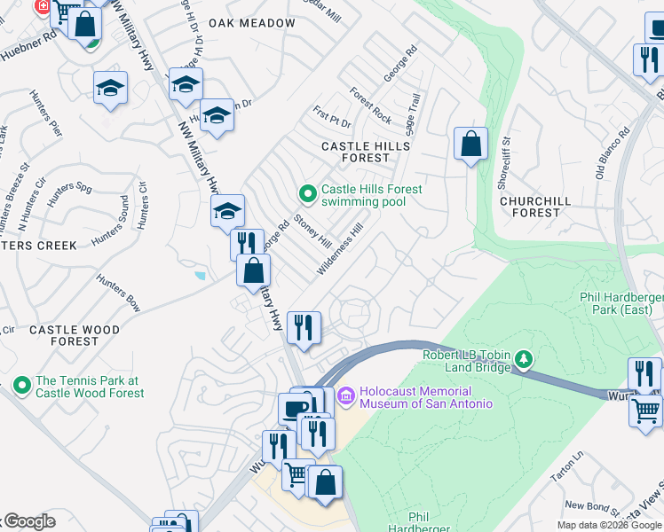 map of restaurants, bars, coffee shops, grocery stores, and more near 2406 Wilderness Hill in San Antonio