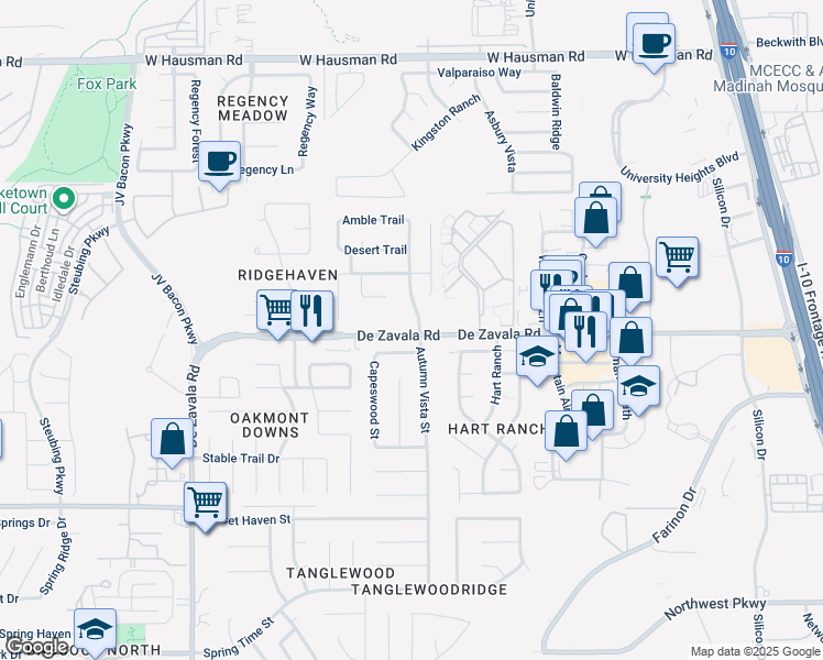 map of restaurants, bars, coffee shops, grocery stores, and more near 12411 Autumn Vista Street in San Antonio