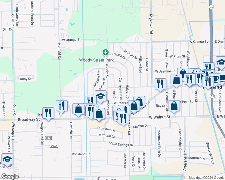 map of restaurants, bars, coffee shops, grocery stores, and more near 2402 Lynn Drive in Pearland