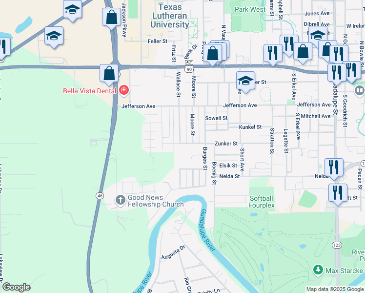 map of restaurants, bars, coffee shops, grocery stores, and more near 1107 Zunker Street in Seguin