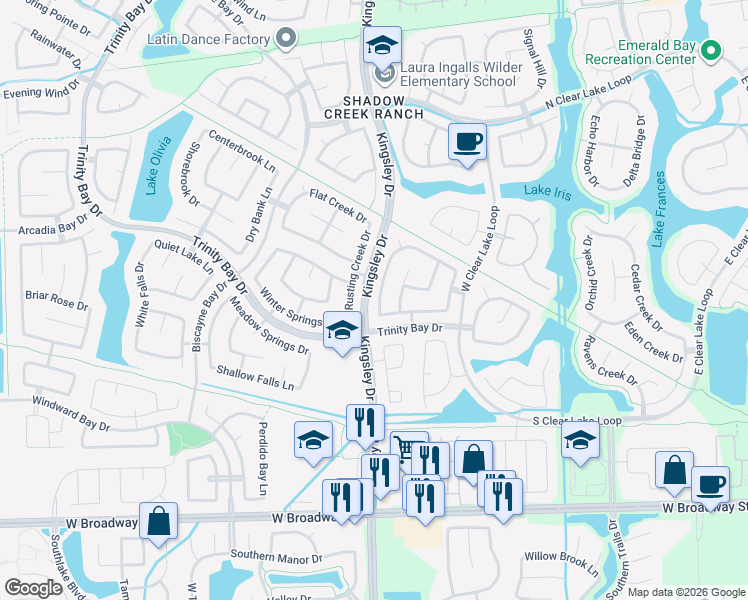 map of restaurants, bars, coffee shops, grocery stores, and more near 2630 Cypress Springs Drive in Pearland