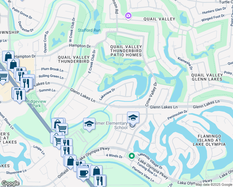 map of restaurants, bars, coffee shops, grocery stores, and more near 2906 Highland Lakes Drive in Missouri City