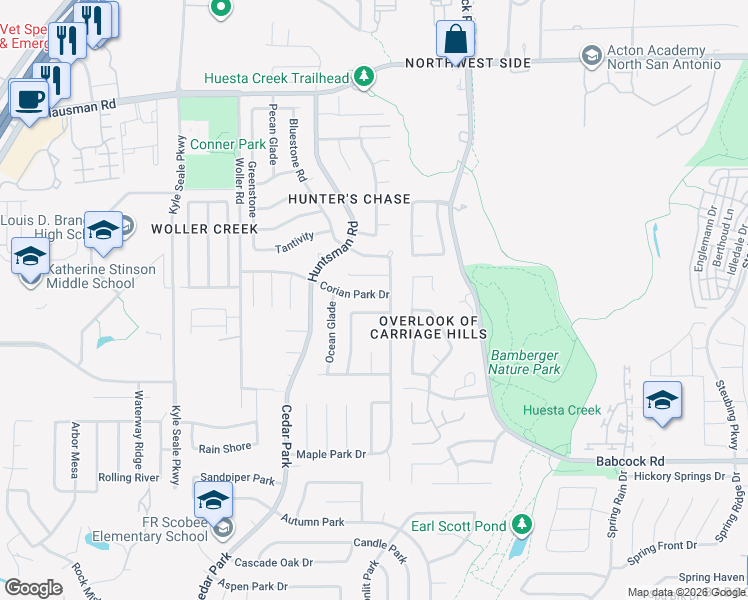 map of restaurants, bars, coffee shops, grocery stores, and more near 7319 Corian Park Drive in San Antonio