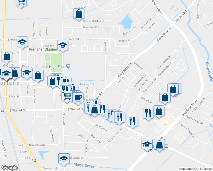 map of restaurants, bars, coffee shops, grocery stores, and more near 2424 Barry Rose Road in Pearland