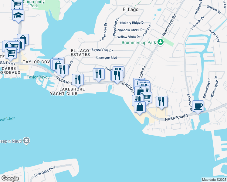 map of restaurants, bars, coffee shops, grocery stores, and more near 3663 NASA Road 1 in Seabrook