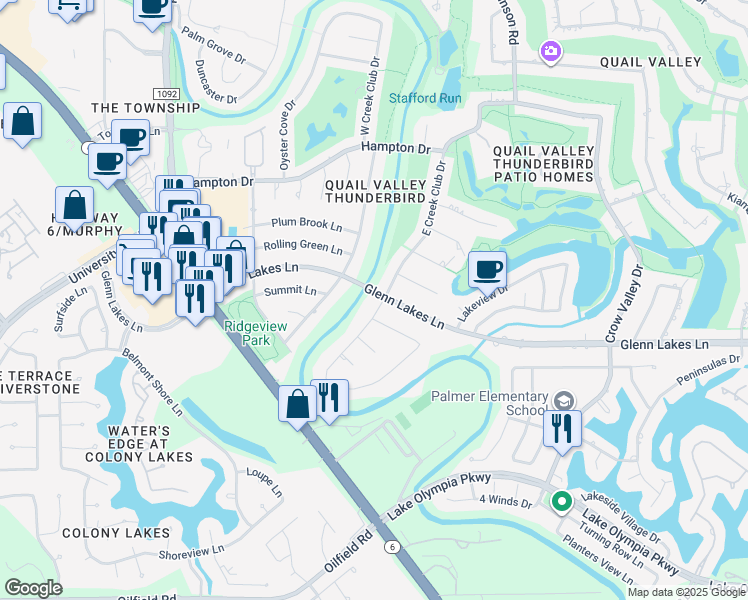 map of restaurants, bars, coffee shops, grocery stores, and more near 3136 Glenn Lakes Lane in Missouri City