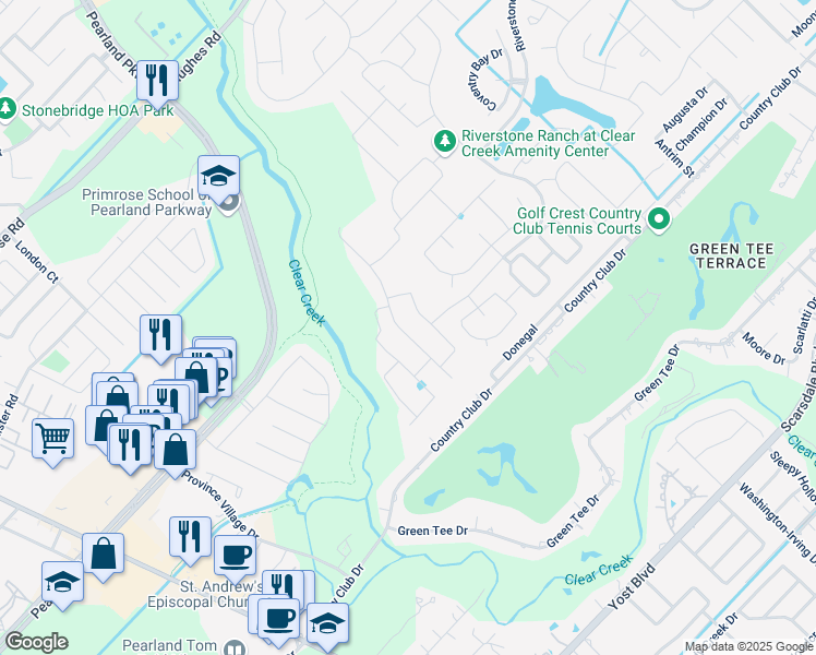 map of restaurants, bars, coffee shops, grocery stores, and more near 2641 Summer Indigo Trail in Houston