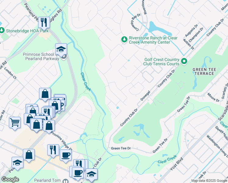 map of restaurants, bars, coffee shops, grocery stores, and more near 2641 Summer Indigo Trail in Houston