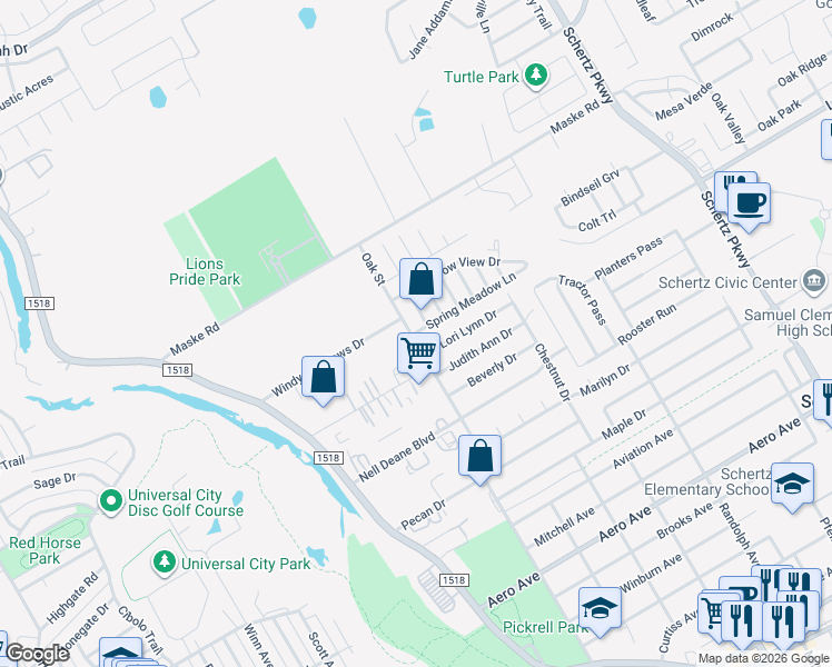 map of restaurants, bars, coffee shops, grocery stores, and more near 2013 Meadow Sage in Schertz