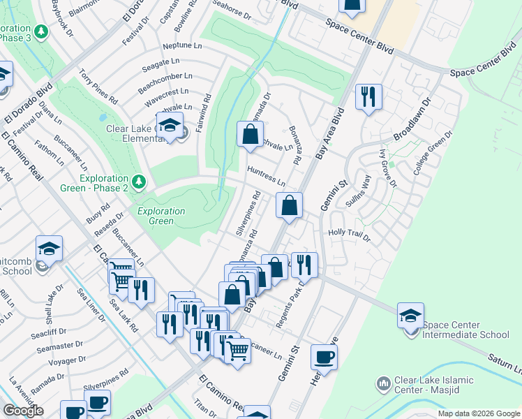 map of restaurants, bars, coffee shops, grocery stores, and more near 1536 Silverpines Road in Houston