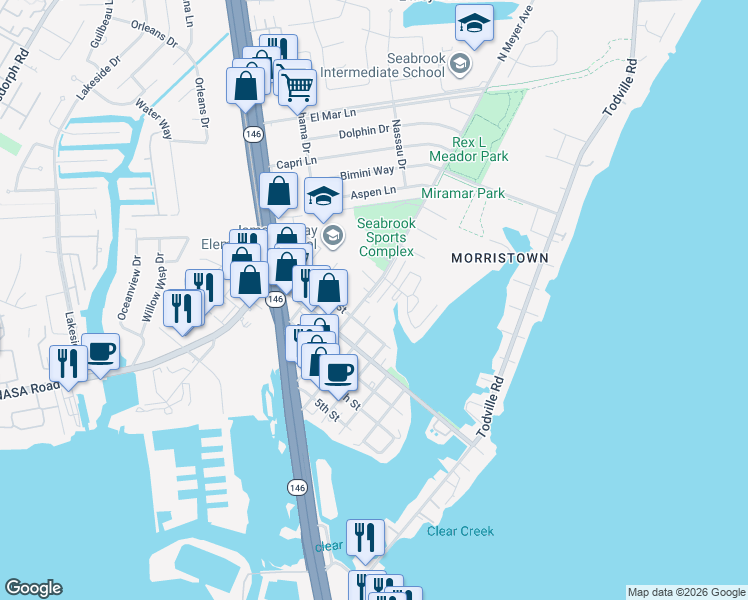 map of restaurants, bars, coffee shops, grocery stores, and more near 1318 North Meyer Avenue in Seabrook