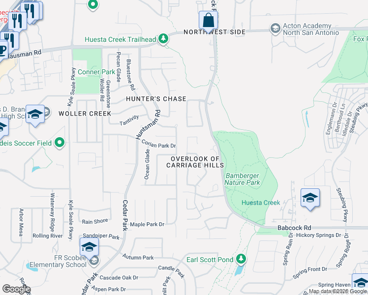 map of restaurants, bars, coffee shops, grocery stores, and more near 7518 Carriage Pass in San Antonio