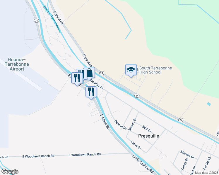 map of restaurants, bars, coffee shops, grocery stores, and more near 3826-3844 State Highway 24 in Terrebonne