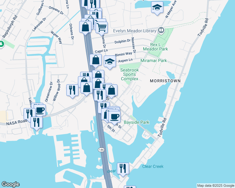 map of restaurants, bars, coffee shops, grocery stores, and more near 1608 1st Street in Seabrook