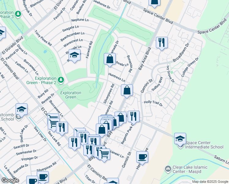 map of restaurants, bars, coffee shops, grocery stores, and more near 1536 Silverpines Road in Houston