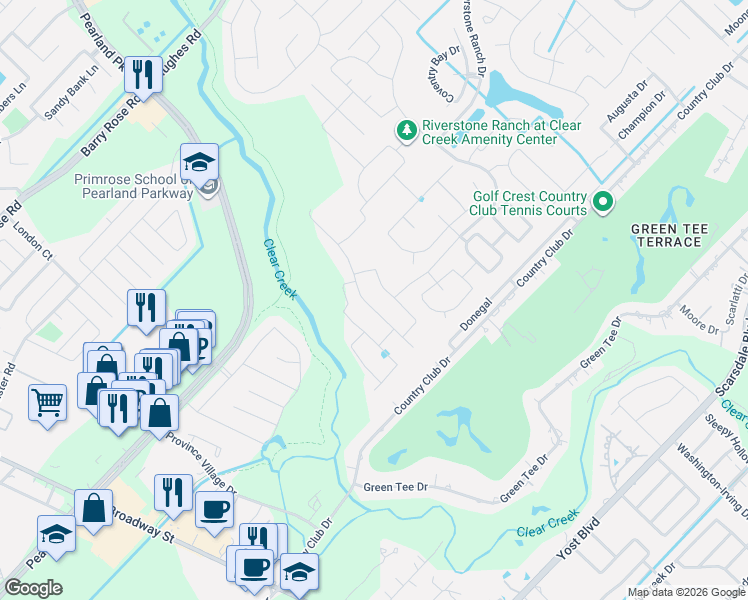 map of restaurants, bars, coffee shops, grocery stores, and more near 2413 Creeks Edge Dr in Pearland