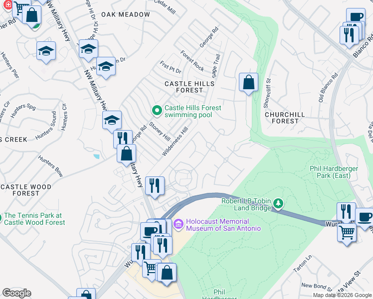 map of restaurants, bars, coffee shops, grocery stores, and more near 13535 Charter Bend Drive in San Antonio