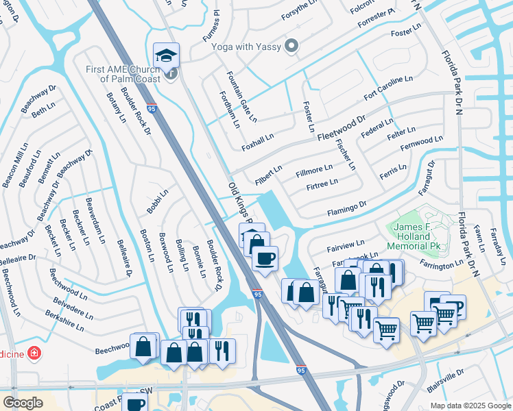 map of restaurants, bars, coffee shops, grocery stores, and more near 1 Kings Colony Court North in Palm Coast