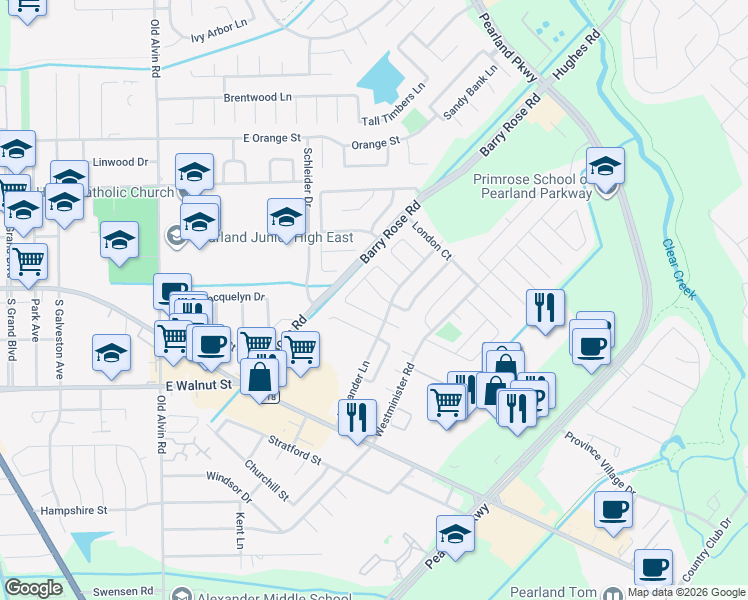 map of restaurants, bars, coffee shops, grocery stores, and more near 3206 Farmers Field in Pearland