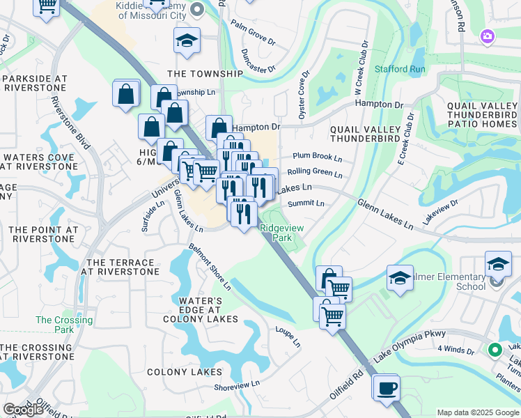 map of restaurants, bars, coffee shops, grocery stores, and more near 6303 Highway 6 in Missouri City