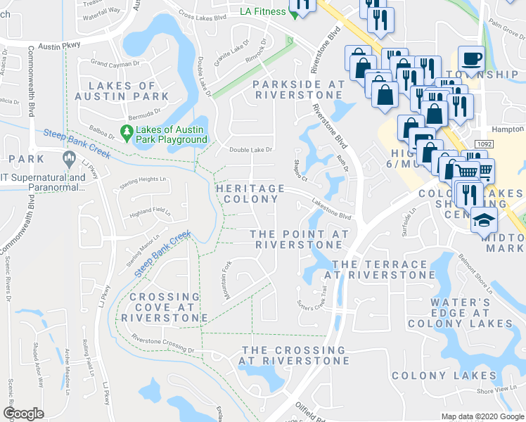 map of restaurants, bars, coffee shops, grocery stores, and more near 5003 Wood Duck Court in Missouri City