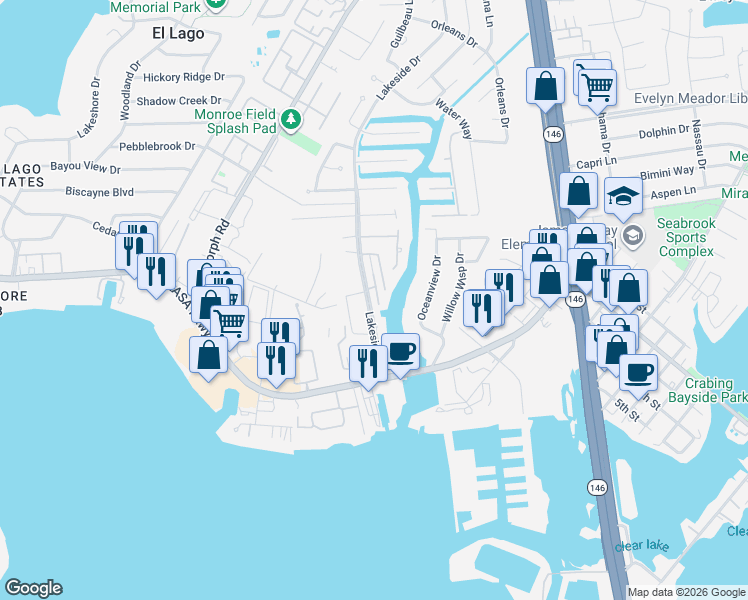 map of restaurants, bars, coffee shops, grocery stores, and more near 1904 Harbour Drive in Seabrook