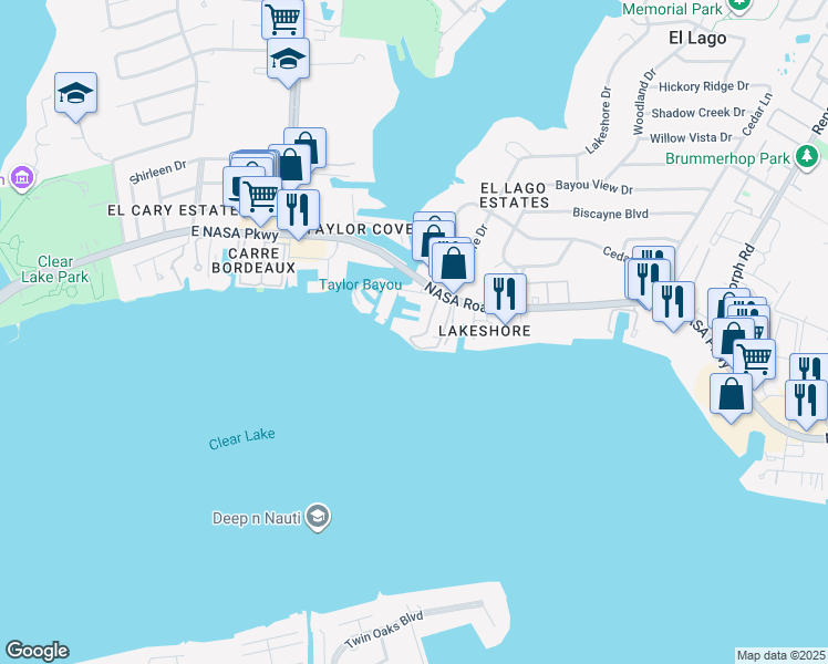map of restaurants, bars, coffee shops, grocery stores, and more near 4101 NASA Road 1 in El Lago