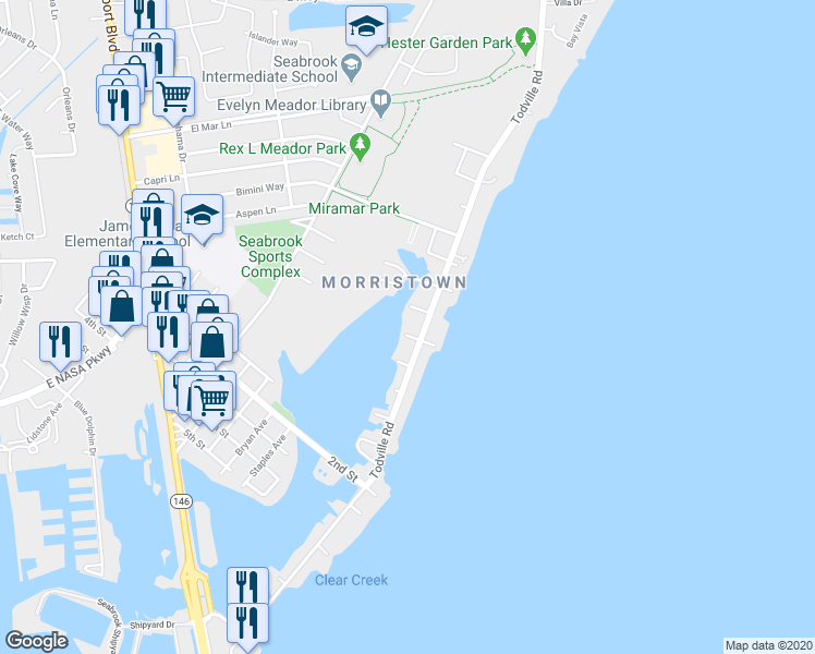 map of restaurants, bars, coffee shops, grocery stores, and more near 710 Ballentine in Seabrook