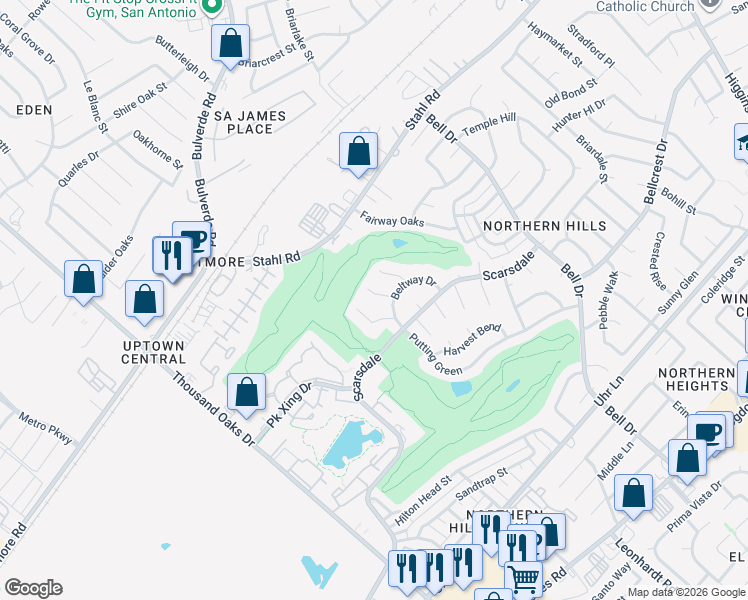 map of restaurants, bars, coffee shops, grocery stores, and more near 4110 Smokey Bend Way in San Antonio