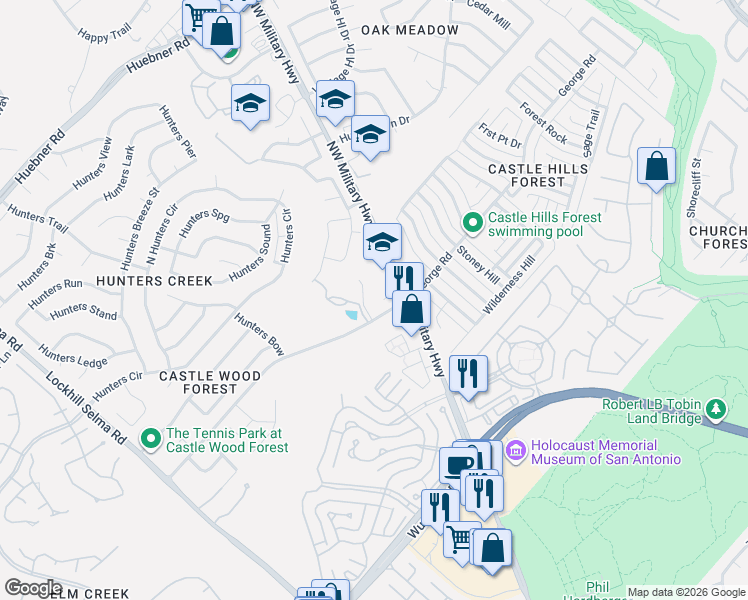 map of restaurants, bars, coffee shops, grocery stores, and more near 13509 George Road in San Antonio