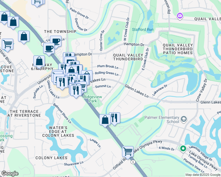 map of restaurants, bars, coffee shops, grocery stores, and more near 3307 Summit Lane in Missouri City