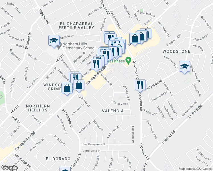 map of restaurants, bars, coffee shops, grocery stores, and more near 13344 Monte Leon Street in San Antonio