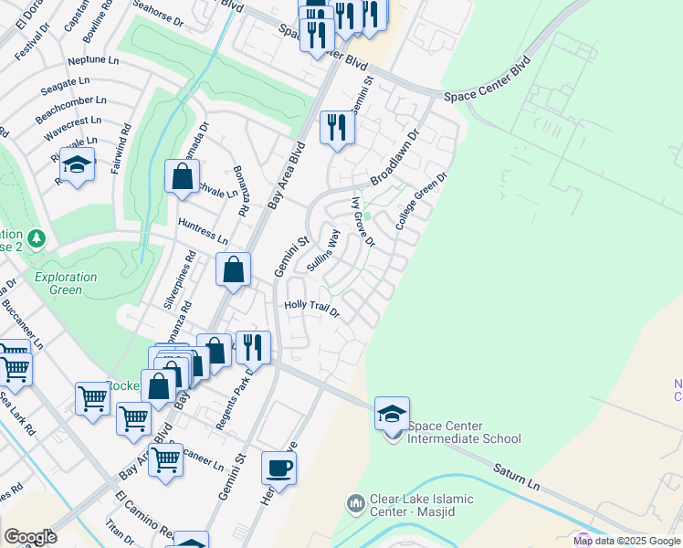 map of restaurants, bars, coffee shops, grocery stores, and more near 1734 Plumbwood Way in Houston