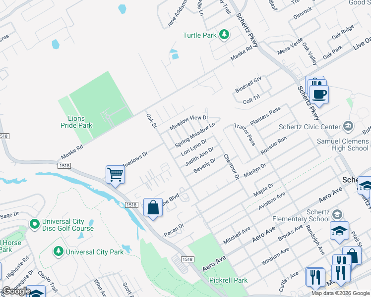 map of restaurants, bars, coffee shops, grocery stores, and more near 309 Lori Lynn Drive in Schertz