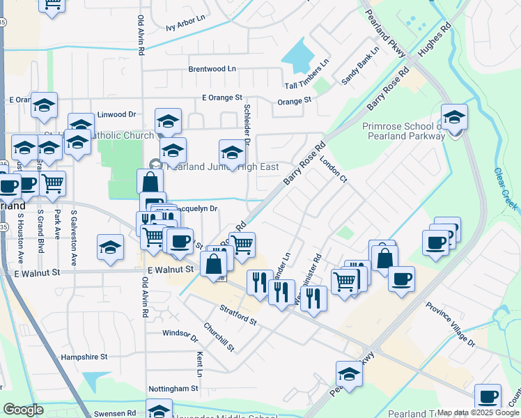 map of restaurants, bars, coffee shops, grocery stores, and more near 2517 Barry Rose Road in Pearland