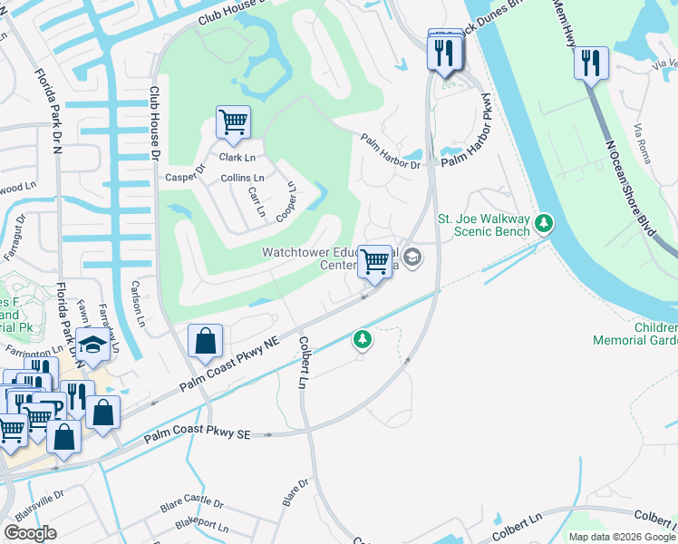 map of restaurants, bars, coffee shops, grocery stores, and more near 13 Broadmore Circle in Palm Coast