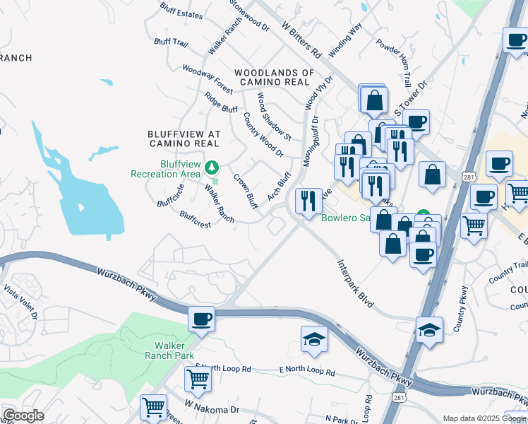 map of restaurants, bars, coffee shops, grocery stores, and more near 402 Arch Bluff in San Antonio
