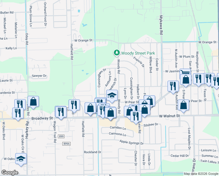 map of restaurants, bars, coffee shops, grocery stores, and more near 2406 Goodrich Drive in Pearland