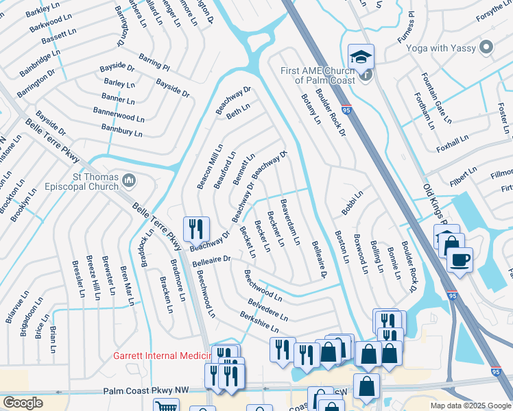 map of restaurants, bars, coffee shops, grocery stores, and more near 9 Becker Lane in Palm Coast