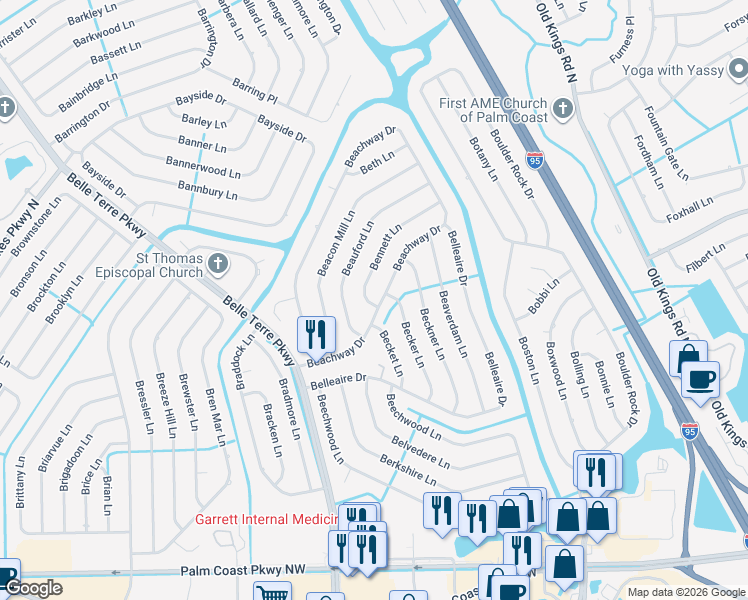 map of restaurants, bars, coffee shops, grocery stores, and more near 63 Beachway Drive in Palm Coast