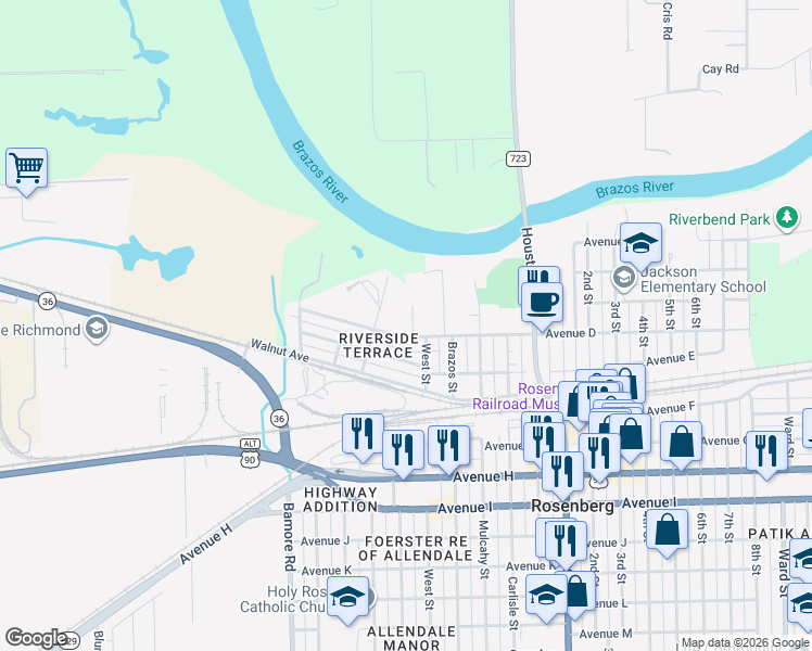 map of restaurants, bars, coffee shops, grocery stores, and more near 428 West Street in Rosenberg