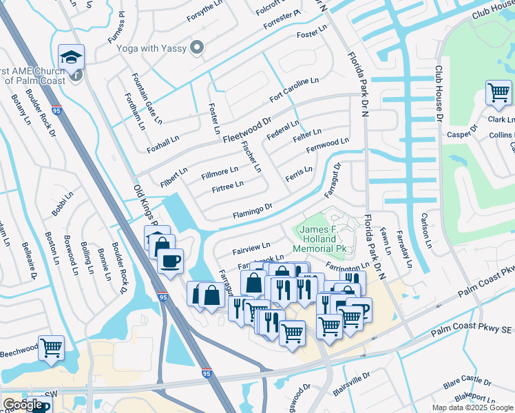 map of restaurants, bars, coffee shops, grocery stores, and more near 47 Flamingo Drive in Palm Coast