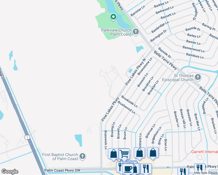 map of restaurants, bars, coffee shops, grocery stores, and more near Pine Lakes Parkway North in Palm Coast